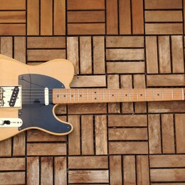 Elektrická kytara s přírodním dřevěným povrchem těla a hmatníkem. Na hlavě je viditelné logo Fender. Nástroj má černý pickguard a dva snímače. Povrch…