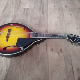 Akustická mandolina s hruškovitým korpusem v červeno-žlutém přechodovém lakování (sunburst). Na hlavě hmatníku je viditelný nápis "Saga". Nástroj má…