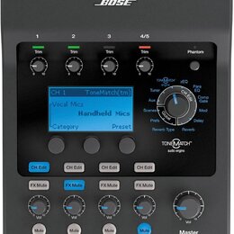 Černý digitální mixážní systém s nápisy BOSE a TONEMATCH audio engine. Zařízení obsahuje displej s textem ToneMatch(tm), Vocal Mics, Handheld Mics a…