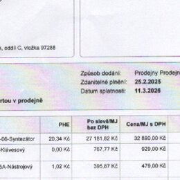 Fotografie zobrazuje vyřez z faktury nebo objednávky. V tabulce jsou uvedeny položky: HN241529-ROLAND Fantom-G6-Syntezátor, HN166021-GRAVITY KSX 2 -K…