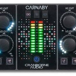 Černý rackový procesor s nápisy CARNABY a CRANBORNE AUDIO. Zařízení obsahuje dvě identické sekce označené jako CHANNEL 1 a CHANNEL 2, každá s několik…