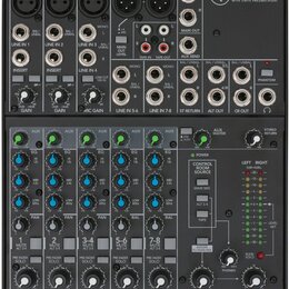 Černý mixážní pult s nápisem 802VLZ4 a doplňkem 8-CHANNEL MIC/LINE MIXER WITH ONYX PREAMPLIFIERS. Horní část obsahuje vstupy označené jako MIC 1, MIC…