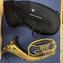Na fotografii je mosazný železný nástroj typu baryton nebo euphonium v zlaté barvě a černý polotvrdý pouzdro. Na pouzdře je vidět bílé trojúhelníkové…