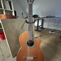 Akustická kytara s nylonovými strunami v přirozené dřevěné barvě, umístěná na černém stojanu. Kytara má tvar cutaway a ozdobný lem kolem otvoru rezon…