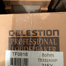 Fotografie zachycuje kartonovou krabici s nápisem CELESTION PROFESSIONAL LOUDSPEAKER. Na krabici je bílá nálepka s označením TF0818, 8ohm, T5332AWP a…