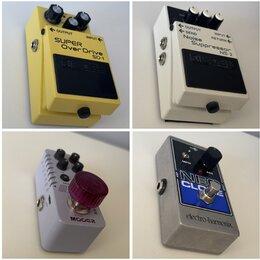 Koláž čtyř fotografií efektových pedálů. První je žlutý pedál s nápisy SUPER Over Drive SD-1 a logem BOSS. Druhý je bílý pedál s nápisy Noise Suppres…