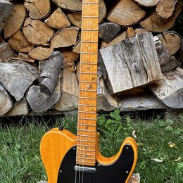 Elektrická kytara s přírodním dřevěným povrchem těla a hmatníku. Na hlavě je viditelné logo Fender. Kytara má černý pickguard a dva snímače. Povrch t…