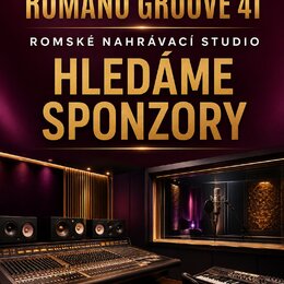 Fotografie znázorňuje interiér nahrávacího studia s velkým míchacím pultem, studiovými monitory a klavírním nástrojem. V horní části je text „ROMANO…