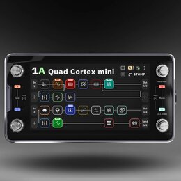 Kompaktní digitální procesor s černým kovovým šasi a velkým barevným displejem. Na displeji je nápis 1A Quad Cortex mini a grafické znázornění signál…