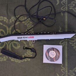 Na fotografii je elektronický dechový nástroj v stříbrno-černé barvě s nápisem AKAI professional EWIUSB USB ELECTRONIC WIND INSTRUMENT. Součástí sady…