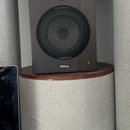 Studiový monitor v tmavě hnědém dřevěném provedení. Na spodní hraně je bílý nápis FOCAL a vedle něj svítí malá zelená kontrolka. Reproduktor má černo…