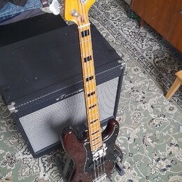 Elektrická basová kytara s tmavě hnědým trupem a hnědým pickguardem. Na hlavě nástroje je nápis Squier PRECISION BASS. Krk má světle hnědou barvu s v…