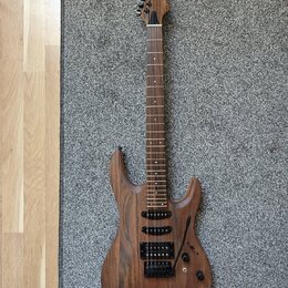 Elektrická kytara s přírodním dřevěným povrchem a hnědým hmatníkem. Nástroj má dva humbuckery, jeden kontrolní knoflík a přepínač zvukového výběru. N…
