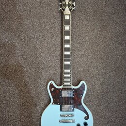 Světle modrá elektrická kytara s tmavým hmatníkem a vložkami z perleťového materiálu. Na těle je tmavě červený pickguard s texturou želvy a dva humbu…