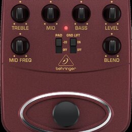 Vínový kytarový pedál s nápisy V-TONE ACOUSTIC ADI 21 a ACOUSTIC MODELER - DRIVER - DI. Zařízení má šest otočných ovladačů s popisky TREBLE, MID, BAS…