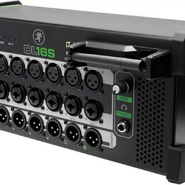 Černý digitální stagebox s kovovým šasi a madlem. Na předním panelu je nápis DL16S, logo výrobce a řada vstupů označených jako INPUT (čísla 1–16) a v…