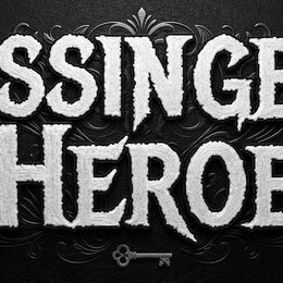 Grafika s bílým textem KISSINGER HEROES na černém pozadí s jemnou texturou a ornamenty. Písmo je stylizované, s hrubým povrchem připomínajícím kámen…