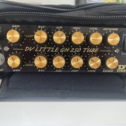 Černý kytarový předzesilovač s nápisem DV LITTLE GH 250 TUBE a logem DV MARK. Zařízení má dvě řady zlatých oválných ovládacích potenciometrů s popisk…