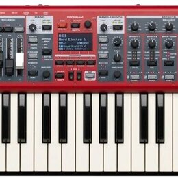 Červený digitální klavír s bílými a černými klávesami. Na pravé straně je bílý nápis nord electro 6D a pod ním menší text SEMI WEIGHTED WATERFALL 88.…