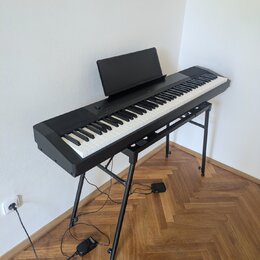 Černý digitální klavír umístěný na černém kovovém stojanu. Nástroj má bílé a černé klávesy, nad nimi se nachází ovládací panel s tlačítky a černý not…
