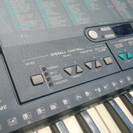 Detailní pohled na ovládací panel a klávesy elektronického klavíru. Na panelu jsou nápisy OVERALL CONTROLL, TEMPO, TRANSPOSE a SPLIT POINT CHANGE. V…