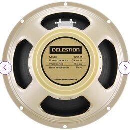 Fotografie znázorňuje zadní stranu reproduktoru v béžovém kovovém rámu. Uprostřed je štítek s logem CELESTION a texty: Model G12 M, Power capacity 65…