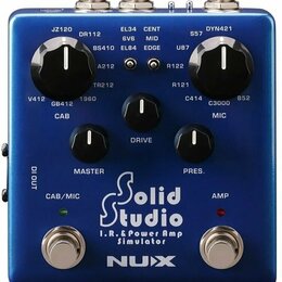 Modrý efekt pedál s nápisem Solid Studio I.R. & Power Amp Simulator a logem NUX. Zařízení má pět černých otočných ovladačů s popisky CAB, DRIVE, MIC,…