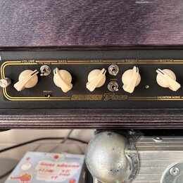 Detail kytarového zesilovače v tmavém dřevěném rámu. Na černém předním panelu jsou bílé oválné knofíky s popisky VOLUME, BASS, MIDDLE, TREBLE a MASTE…