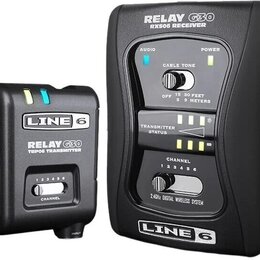Černý bezdrátový systém Line 6 Relay G30 složený z vysílače a přijímače. Na vysílači je nápis LINE 6, RELAY G30 TX506 TRANSMITTER a přepínač CHANNEL…