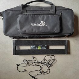Černá transportní taška s nápisem Palmer pedalbay 4plus. Pod ní je černý kovový pedalboard s nápisem PEDALPOWER a LEWITZ. V dolní části jsou rozložen…