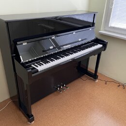 Černý digitální piano v şeklinde konzolového pianina s glossy povrchem. Na přihradě nad klávesnicí je bílý nápis "Pitmüller". Nástroj má standardní k…