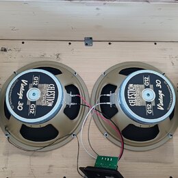 Dva reproduktory značky CELESTION s nápisy LOUDSPEAKERS, G12 a Vintage 30. Reproduktory mají béžové rámy a jsou umístěny v dřevěné bedně. Mezi nimi j…