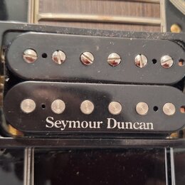 Fotografie zachycuje dva elektrické snímače typu humbucker v černém plastovém rámečku. Spodní snímač nese bílý nápis Seymour Duncan a má viditelné šr…