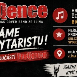 Grafický inzerát s černým pozadím a bílými a červenými texty. Obsahuje nápis „FreQence BIGBEAT / ROCK COVER BAND ZE ZLÍNA“ a velký text „HLEDÁME BASK…