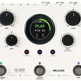 Bílý looper s displejem a ovládacími prvky. Na zařízení jsou nápisy GL200, MOGER, DRUM, SPEED, LOOPER, MENU SAVE DELETE, AUTO REC, TAP a STOP/TAP CLE…