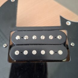 Fotografie detailně zobrazuje černý humbucker snímač s dvěmi řadami magnetických pólů osazených šrouby a kolíky. Snímač je umístěn v černém plastovém…