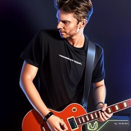 Digitální ilustrace muže s červenou elektrickou kytarou typu Les Paul. Kytara má dva humbuckery, čtyři ovládací knoflíky a bílý binding kolem hmatník…