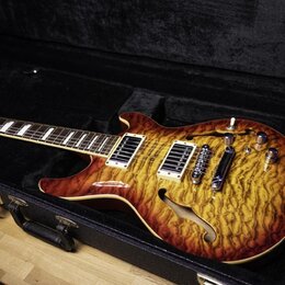 Polodupatá elektrická kytara s výraznou žlutě-hnědou strukturou dřeva na topu a tmavě hnědým okrajem. Nástroj má dva humbuckery, stoper a čtyři ovlád…
