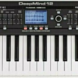 Černý polyfonní syntetizátor s bílými a černými klávesami a dřevěnými bočními panely. Na horním panelu je nápis DeepMind 12 a logo behringer. Pod náp…