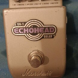 Stříbrný efekt pedál s nápisem Marshall v dolní části. Uprostřed je logo EH-1 ECHOHEAD DELAY. Na horní hraně jsou čtyři kovové oválné knoflíky a nápi…