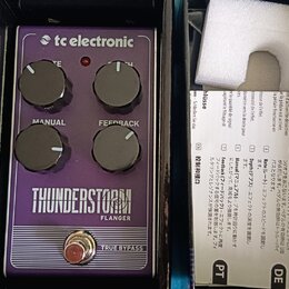 Fialový efekt pedál značky tc electronic s nápisem THUNDERSTORM FLANGER. Na horní straně jsou čtyři černé ovládací knoflíky s popisky MANUAL, FEEDBAC…