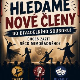 Reklama na divadelní spolek AMADIS LOUČEŇ s nápisem HLEDÁME NOVÉ ČLENY DO DIVADELNÍHO SOUBORU! V horní části je text DIVADELNÍ SPOLEK AMADIS LOUČEŇ a…