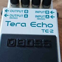 Kytarový efekt pedál bílé barvy s černým gumovým pedalpadem. Na horní části je nápis Tera Echo a modelové označení TE-2, níže je vyražené logo BOSS.…