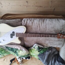 Elektrická basová kytara v krémové barvě s bílým perleťovým pickguardem. Na hlavě hnedbového krku je viditelné logo "Fender". Nástroj má čtyři struny…