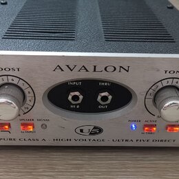 Stříbrný kytarový zesilovač s černým chladičem v horní části. Na předním panelu je nápis AVALON a v dolní části text PURE CLASS A - HIGH VOLTAGE - UL…