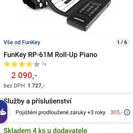 Černý rolovací klavír z plastu a silikonu s bílými a černými klávesami. Na ovládacím panelu je nápis FunKey. Nástroj je zobrazen v mírně srolovaném s…