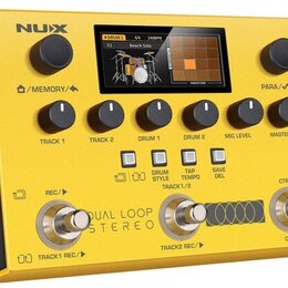 Žlutý loop pedal značky NUX s digitálním displejem a několika ovládacími knoflíky. Na horní části jsou nápisy NUX, /MEMORY/ a PARA/. Pod displejem se…