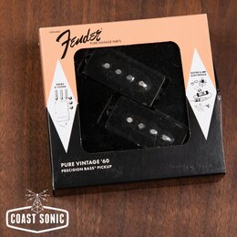 Krabice s dvěma černými snímači pro basovou kytaru. Na krabici je nápis GENUINE Fender PURE VINTAGE PARTS a v dolní části text PURE VINTAGE '60 PRECI…