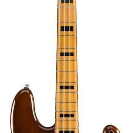 Čtyřstrunná elektrická basová kytara s hnědým trupem a černým pickguardem. Na hlavě nástroje je nápis Squier PRECISION BASS. Hmatník je z jemného dře…