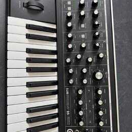 Černý analogový syntetizátor s klaviaturou a dřevěnými bočními panely. Na předním panelu je v bílém nápisu model SUBSEQUENT 25 a logo Moog. Přístroj…